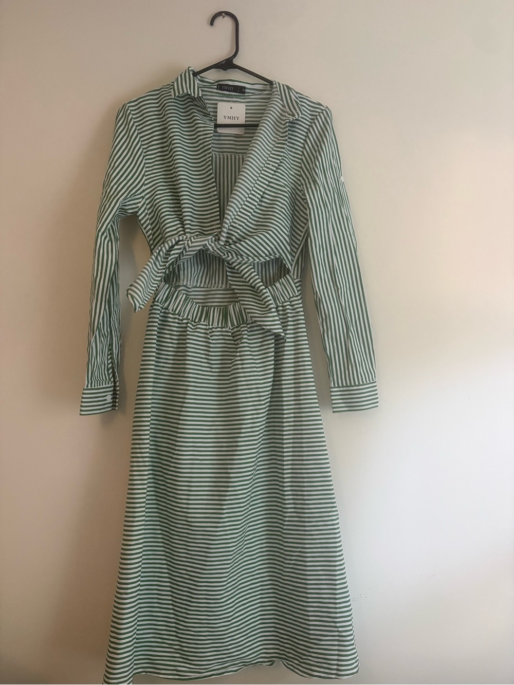 YMHY Mint and White Striped Tie-Front Long Sleeve Maxi Dress
